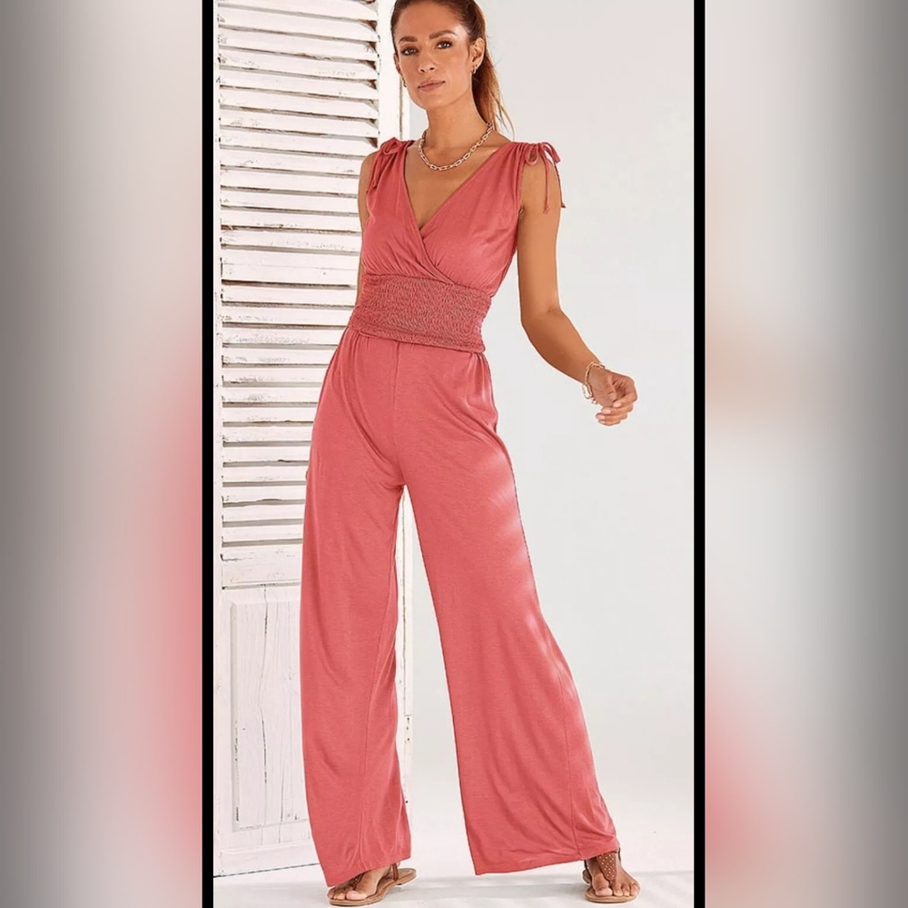 NWT Victoria’s Secret Lascana Coral Wide Leg Tie Shoulder V-Neck Jumpsuit Size 4 - Picture 4 of 5